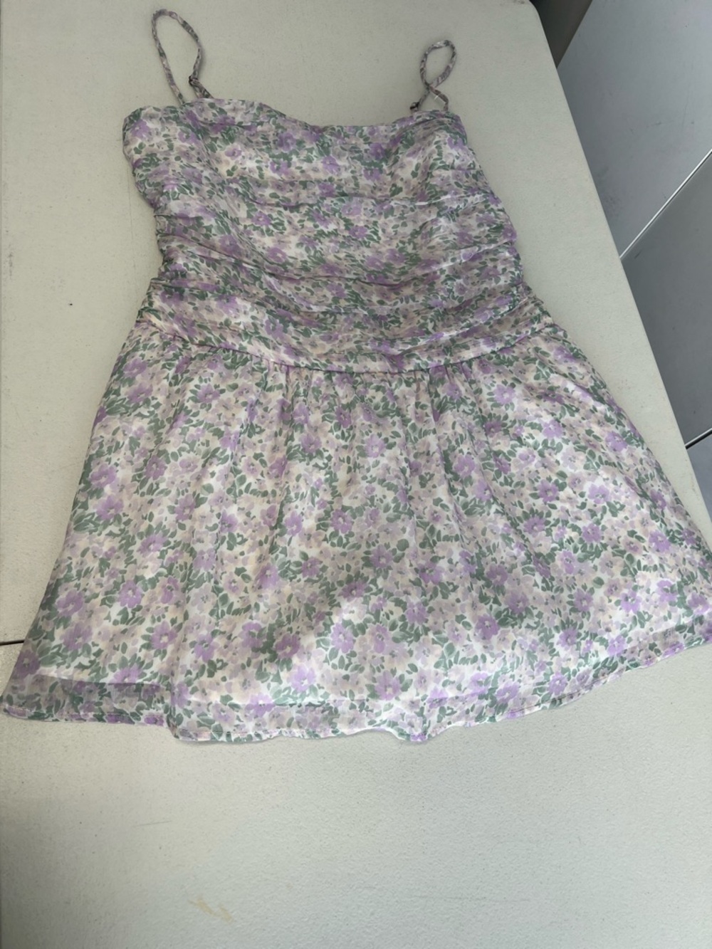 Hollister White Floral Sundress with Lavender and Green Print